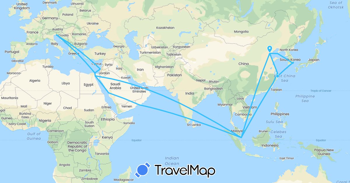 TravelMap itinerary: driving, boat in China, Egypt, Croatia, Israel, Italy, South Korea, Oman, Saudi Arabia, Singapore, Slovenia (Africa, Asia, Europe)